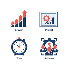 Vector illustration of four business concept icons growth, project, time, and business