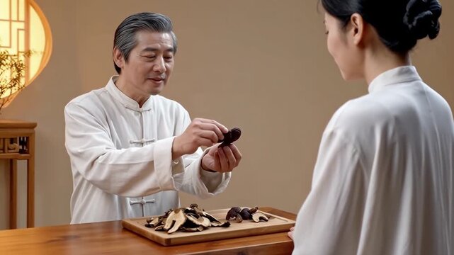 traditional chinese medicine doctor demonstrating ganoderma reishi benefits to patient, wooden table with dried mushroom slices, soft warm clinic lighting, calming holistic wellness