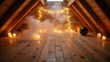 Cozy attic space decorated with fairy lights and candles  