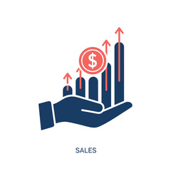 Vector illustration of hand holding a bar graph showing sales growth with a dollar coin