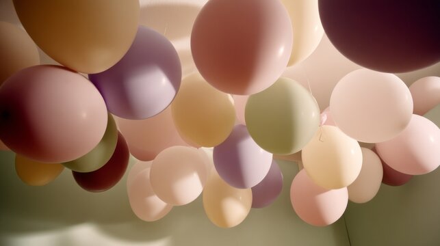 Colorful balloons in shades of soft pastels, scattered across the ceiling, bring a cheerful and playful vibe to the room, perfect for parties or cozy gatherings