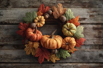 Rustic Autumn Harvest Wreath with Pumpkins and Leaves on a Weathered Wood Background.