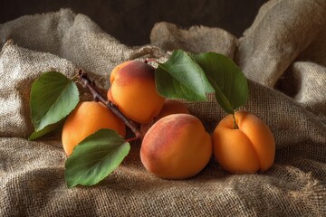 Still Life of Ripe Apricots with Green Leaves on Rustic Linen Fabric.