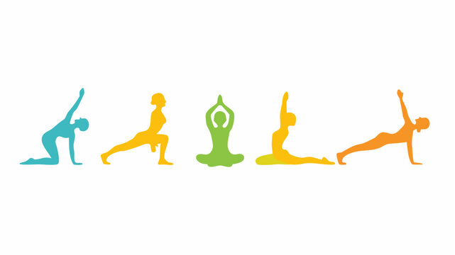 Find inner peace and strength with this vibrant yoga pose collection, perfect for fitness brands, wellness retreats, and healthy living promotions