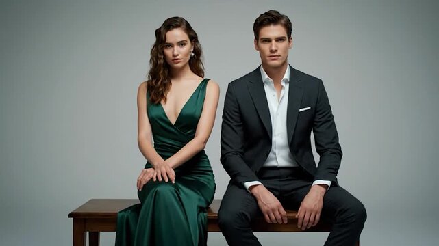 Couple seated together; woman in green dress, man in suit, against a grey backdrop