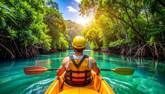 Solo kayaker gliding through dense mangrove tunnels over crystal-clear water, serene exploration, and vibrant eco-tourism atmosphere