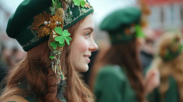 Smiling young woman in green attire with shamrocks celebrates during festive parade in springtime street event