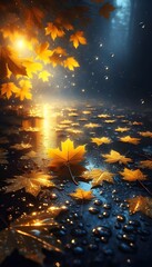 Golden autumn maple leaves: Water droplets rain. AI Generated, Generative AI