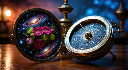 - Antique astrolabe and floral galaxy plate in vintage blue-gold decor