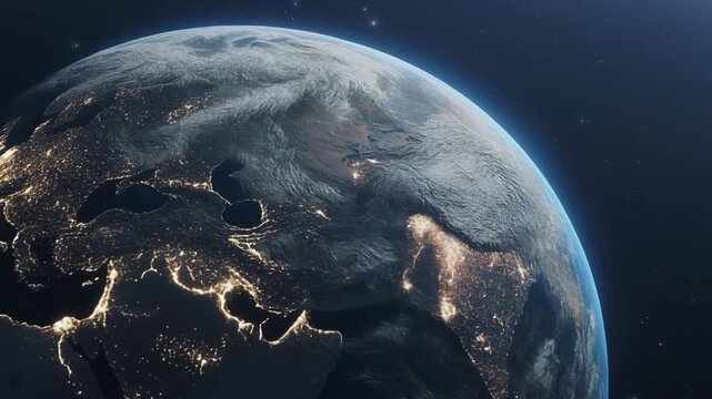 planeta Tierra orbitando en el espacio durante la noche. La c&aacute;mara se mueve suavemente alrededor del globo terr&aacute;queo mostrando la curvatura del planeta iluminada por millones de luces de ciudades.