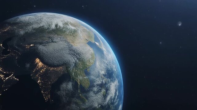 planeta Tierra orbitando en el espacio durante la noche. La c&aacute;mara se mueve suavemente alrededor del globo terr&aacute;queo mostrando la curvatura del planeta iluminada por millones de luces de ciudades.