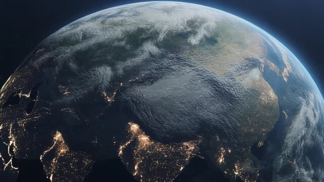 planeta Tierra orbitando en el espacio durante la noche. La c&aacute;mara se mueve suavemente alrededor del globo terr&aacute;queo mostrando la curvatura del planeta iluminada por millones de luces de ciudades.