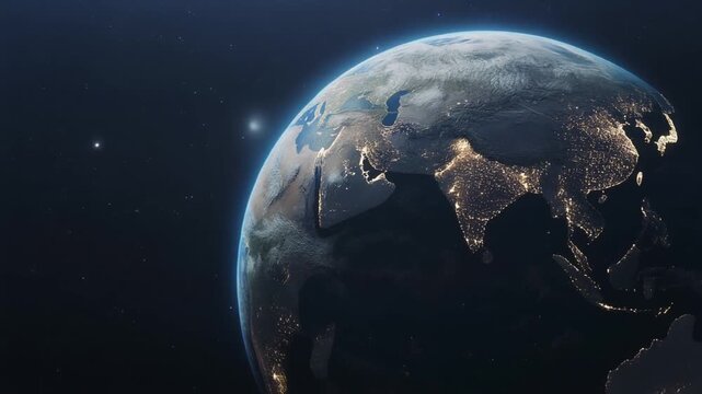 planeta Tierra orbitando en el espacio durante la noche. La c&aacute;mara se mueve suavemente alrededor del globo terr&aacute;queo mostrando la curvatura del planeta iluminada por millones de luces de ciudades.