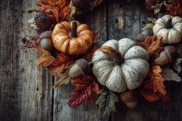 Cozy Autumn Harvest Wreath with Mini Pumpkins, Acorns, and Fall Leaves on Rustic Wood.