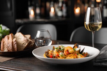 Gourmet Seafood Pasta, Crisp White Wine, and Fresh Bread in an Elegant Restaurant Setting.