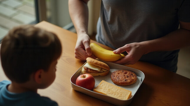 Adult handing banana to child at table with snack tray