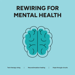 Rewiring for mental health with brain illustration on blue background