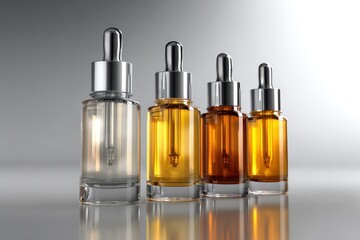 Gradient Amber Serum Bottles - Luxurious Skincare Product Lineup with Reflective Surface.