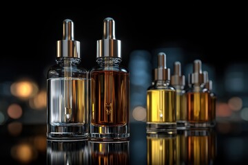 Urban Elixirs - Gleaming Dropper Bottles Reflecting a Luminous City Nightscape.