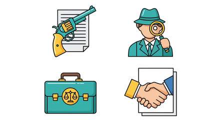 Vector illustration of law and investigation icons gun, detective, briefcase, handshake