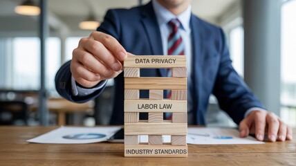 Businessman carefully places a wooden block labeled 'Data Privacy' on a Jenga tower representing business and legal concepts.
