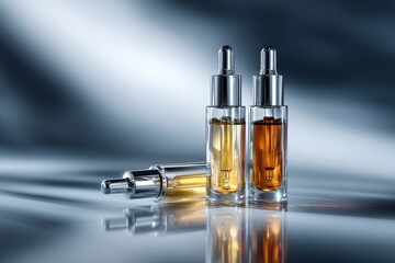 Sleek Trio of Vaping E-Liquid Dropper Bottles on a Reflective, Light-Streaked Surface.