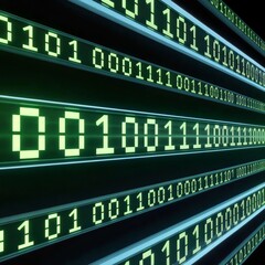 Obraz premium Scrolling stock ticker showing luminous binary code on dark screen