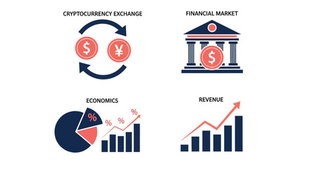 Vector illustration of financial market icons cryptocurrency exchange, bank, economics, revenue