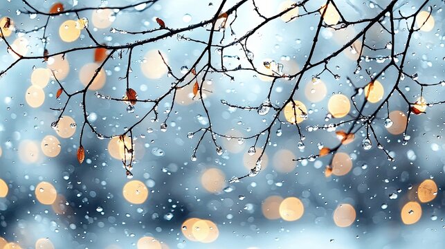 Bare tree branches covered in water droplets with soft, blurred bokeh lights in the background, creating a serene and atmospheric mood.