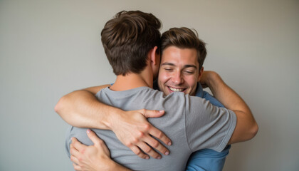 Two young men embracing each other happily indoors with gray background