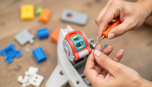 Person repairing a toy with screwdriver on wooden table  