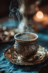 Intricately Carved Antique Cup with Rising Steam, Atmospheric Lighting.