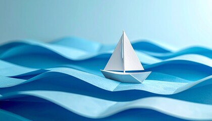 Paper sailboat on layered blue waves, dreamy nautical scene…