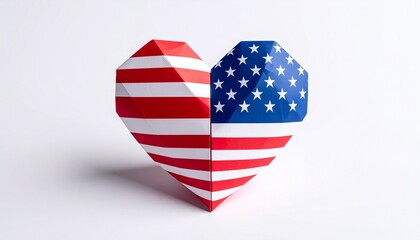 Origami heart with American flag design, white background tribute…