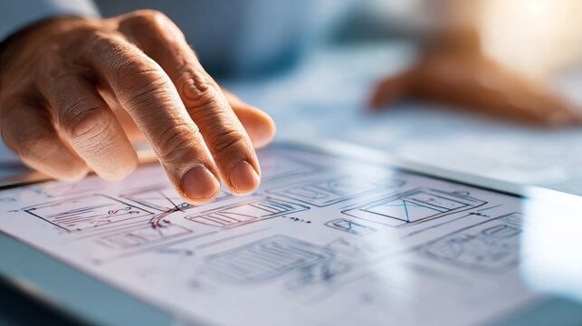 Close-up of a hand using two fingers to interact with a digital tablet displaying sketched wireframes, design process
