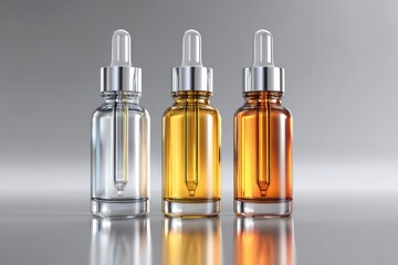Gradient Serums - Three Glass Dropper Bottles with Liquid Color Variations.