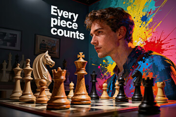 - Man thinking during chess game against colorful splash background