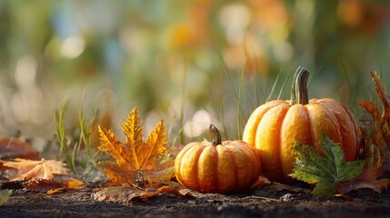 Two pumpkins sit amidst autumn leaves & grass, with a bokeh background suggesting sunlight. A serene harvest scene