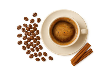 Fototapeta premium Fresh espresso coffee cup with crema, scattered roasted beans, and cinnamon sticks, transparent background, top view