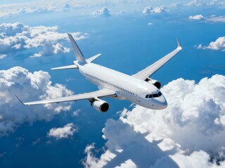 Commercial airplane flying above clouds in clear blue sky