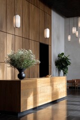 Modern Lobby Interior with Wood Paneling, Plants, and Ambient Lighting.