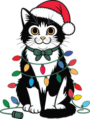 Cute Christmas Cat Vector Illustration of Black and White Kitten in Santa Hat Wrapped in Colorful Holiday Lights