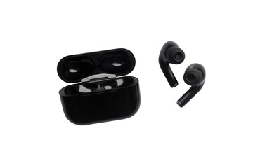 Black modern wireless headphones isolated on white background. Copy space