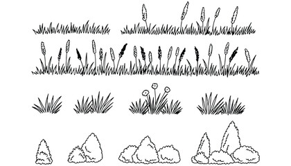 Black and white drawing of grass, flowers, and bushes in line art