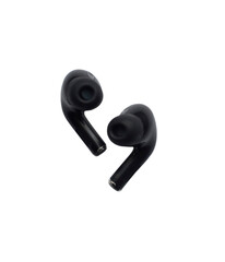 Black modern wireless headphones isolated on white background. Copy space