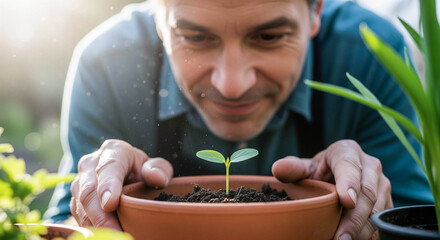 Man Admiring a New Plant