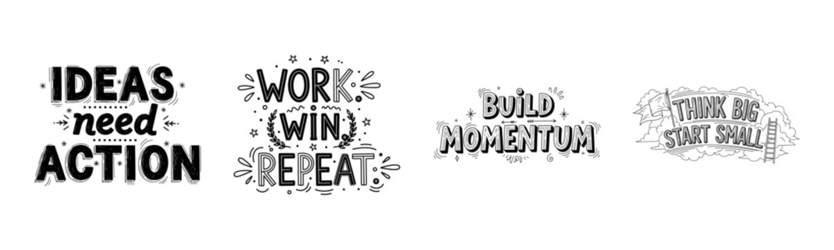 Inspirational quotes in black and white hand-drawn style on business and motivation