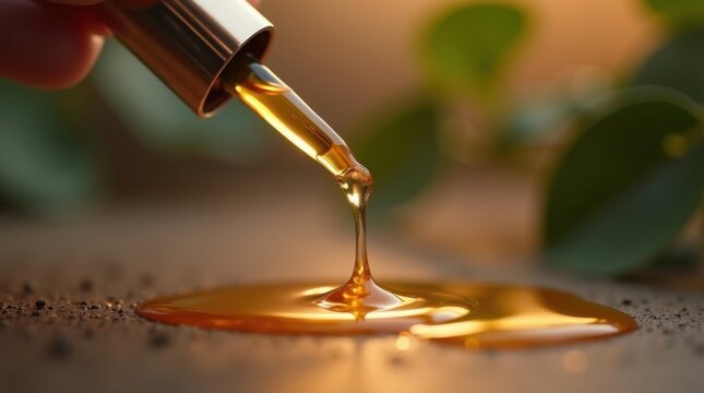 Un gotero derrama una brillante gota de aceite, rodeada de suaves reflejos naturales