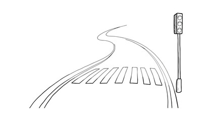 Line drawing of road with crosswalk and traffic light on white background