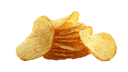 Stack of golden, rippled potato chips against a dark background